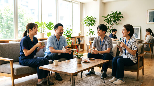休憩室でコーヒーを飲む介護士たち
