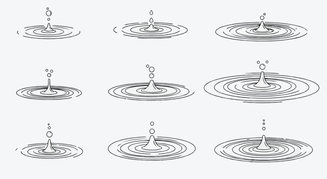 Minimalist water ripple line art icons, set of 9 liquid splash vector illustrations, clean circular wave motion graphics for UI design
