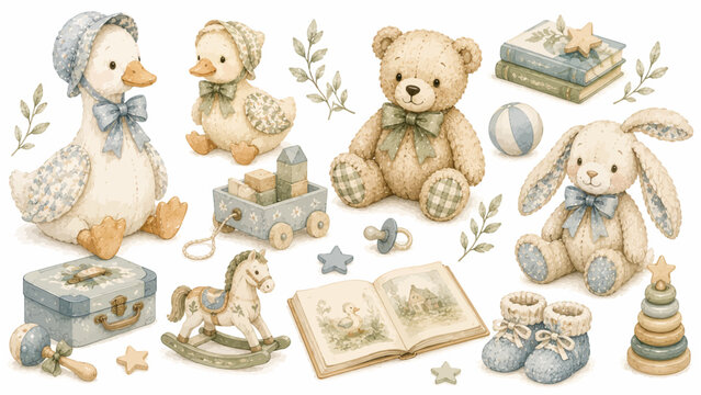 Watercolor vintage baby boy nursery vector clipart set with teddy bear, cute ducklings, plush bunny, and rocking horse