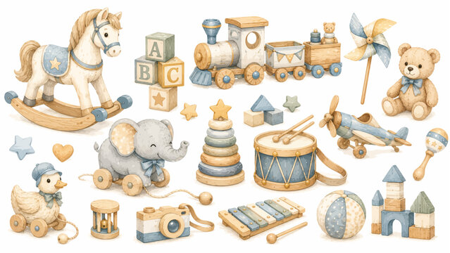 Watercolor vintage baby boy toys vector clipart set with rocking horse, wooden train, blocks, and teddy bear