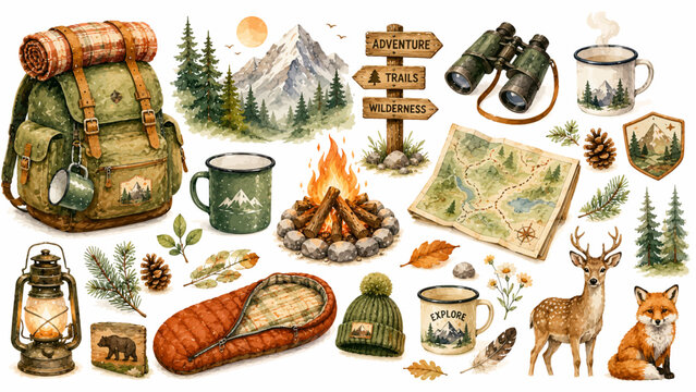 Watercolor camping and hiking adventure vector clipart set with backpack, campfire, mountain map, and forest animals