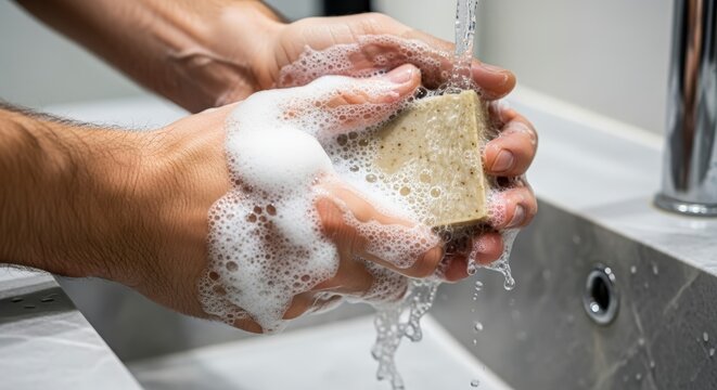 Close-up of hands washing with bar soap and water in a sink.