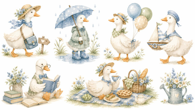 Watercolor cute vintage ducks vector clipart set with picnic basket, umbrella, balloons, and sailboat