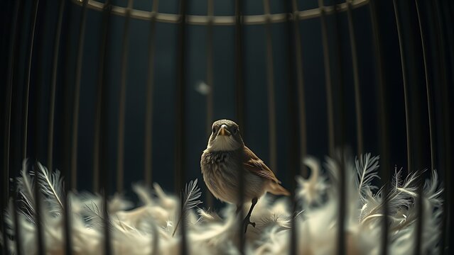 Small bird inside iron cage with scattered feathers, dramatic lighting, melancholic scene.