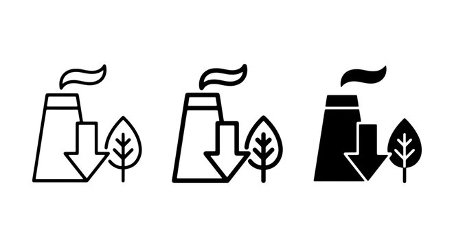 Eco-friendly factory icons, industrial pollution reduction symbols, green energy concept, environmental protection vector graphics