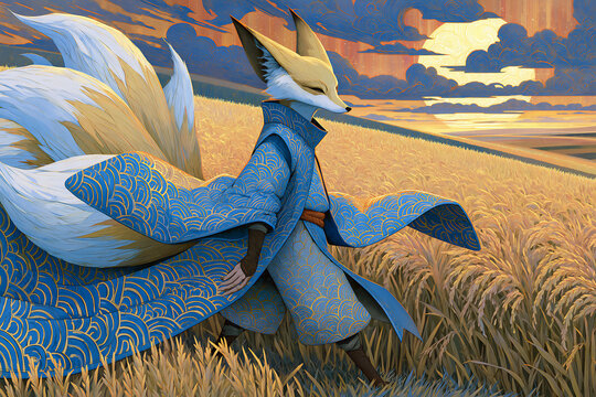 Nine-tailed kitsune fox spirit in a patterned kimono striding through a golden field at sunset