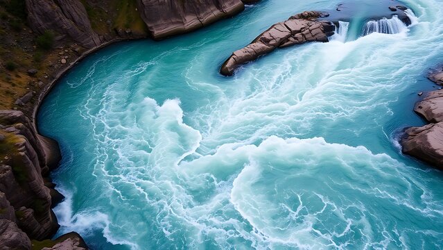 A turbulent river making a sharp turn within a canyon, aerial view.