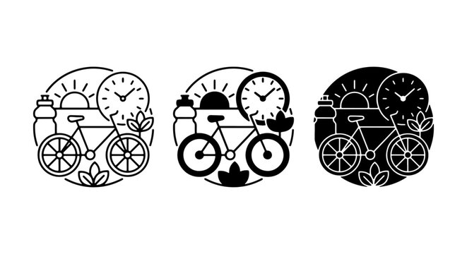 Cycling Lifestyle Icons: Bicycle, Sun, Clock, Water Bottle, Leaves, Set of 3, Vector Graphics for Health and Time Management