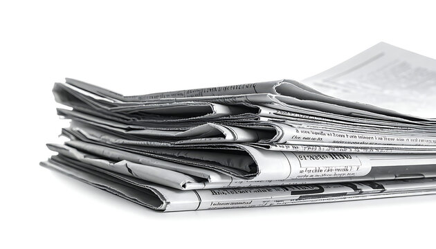 A stack of folded newspapers, close-up view, showing text and headlines, isolated on white