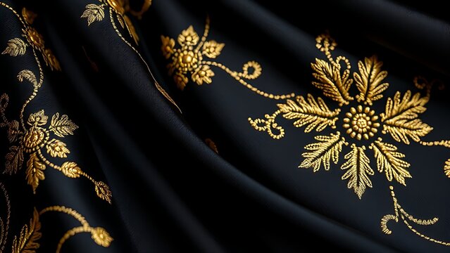 Luxurious black fabric with intricate gold floral embroidery, highlighting elegant silk texture.