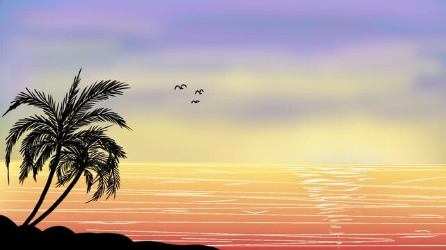Sunset Animation Sun Setting Into Ocean, Half Sun Sinking To Below Horizon, Tropical Beach Palm Tree Silhouette, Seamless Loop Background