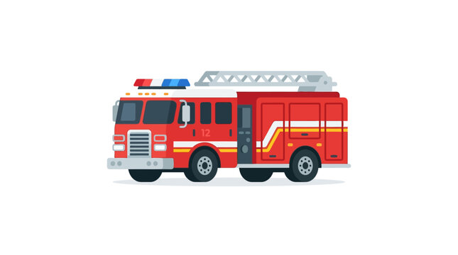 Modern Red Fire Truck with Ladder and Lights, Vector Illustration