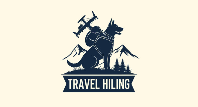 Dog with Backpack and Airplane Logo - Adventure Travel Hiking