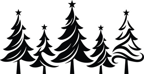 Obraz premium Stylized black Christmas tree vector set, festive holiday pine tree illustrations, winter season evergreen graphic resources, decorative Christmas tree collection for seasonal designs isolated