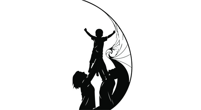 Joyful child reaching for the sky, lifted by supportive figures within a crescent moon.