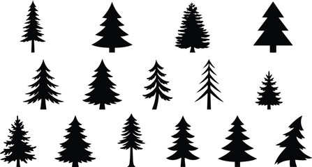 Fototapeta premium Evergreen tree silhouettes, a collection of diverse pine tree shapes, fir tree vector illustrations, and spruce tree designs for nature and holiday projects isolated on White Background