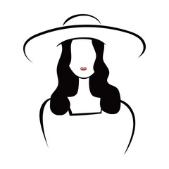 Obraz premium Minimalist Woman Front Portrait, Elegant Line Art Female Face with Wavy Hairstyle and Hat