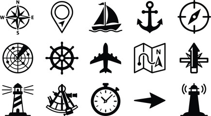 Nautical navigation vector icon set, maritime travel and exploration symbols, adventure and journey graphic elements, sailing and marine themed illustrations isolated on White Background © Ambreen
