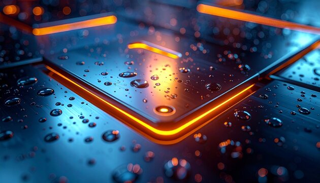 A sleek metallic surface with water droplets glows orange from beneath, contrasting cool blue tones, symbolizing futuristic technology, advanced design, and high‑tech innovation in detail.