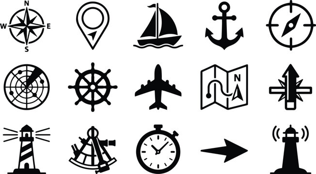 Nautical navigation vector icon set, maritime travel and exploration symbols, adventure and journey graphic elements, sailing and marine themed illustrations isolated on White Background