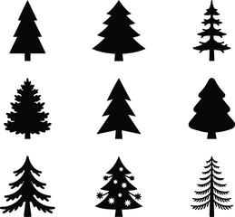 Obraz premium Christmas tree vector silhouettes, a collection of nine festive evergreen tree designs, perfect for holiday season graphics and winter celebrations isolated on White Background