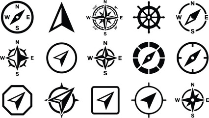 Directional compass vector icons, navigation symbol set, geographic orientation elements, travel and exploration graphic resources isolated on White Background © Ambreen