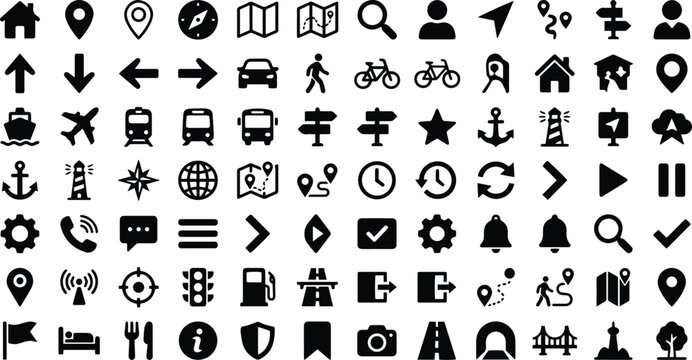 Comprehensive collection of 100 black vector navigation icons, essential map and location symbols, travel and transport pictograms for digital interfaces, web design