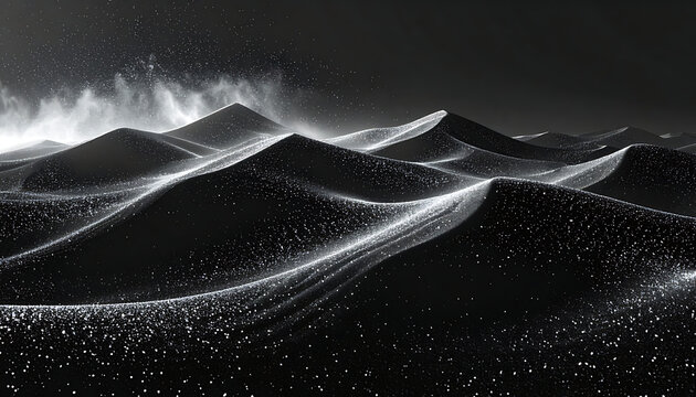 Abstract digital landscape of glowing particles on dark, undulating waves, futuristic motion, atmospheric glow