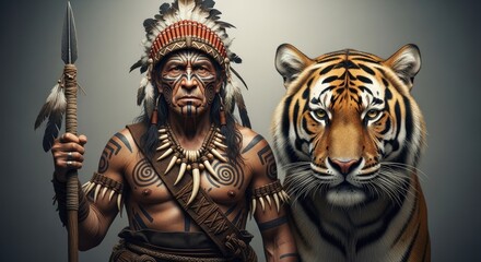 Obraz premium Warrior with Traditional Headdress Holding Spear Next to Majestic Tiger