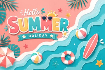 Naklejka premium Colorful summer sale and festival banners with tropical beach elements and vacation vibes.