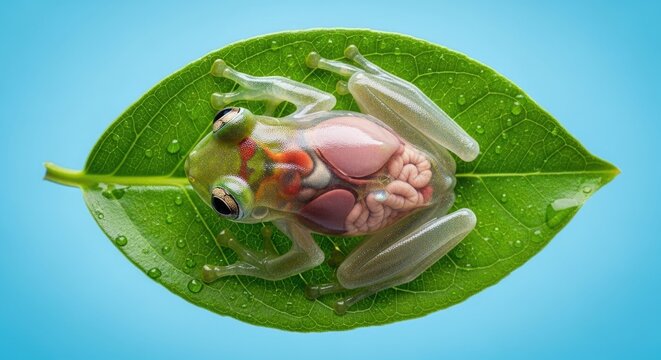 Transparent Glass Frog Sitting on a Green Leaf with Visible Internal Organs