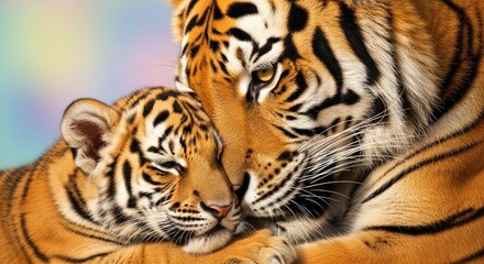 Obraz premium Tender Moment Between Mother Tiger and Her Cub in Close Up Portrait