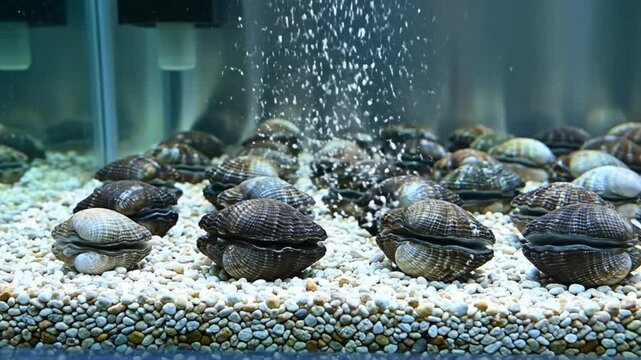 Clams in a clear aquarium on small pebbles with bubbling water for underwater life display