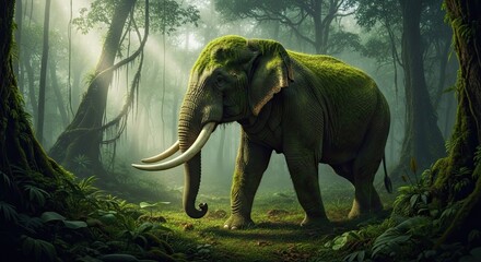 Fototapeta premium Moss Covered Elephant in Enchanted Jungle