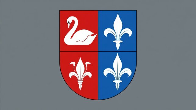 Heraldic shield design featuring a white swan and three fleur de lis symbols in red and blue quadrants for royal or medieval branding