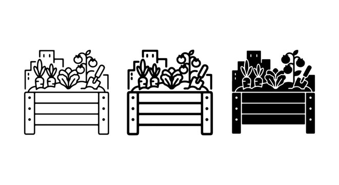 Raised Garden Bed Vector Icons, Urban Farming Elements, Organic Produce Illustrations, City Agriculture Graphics