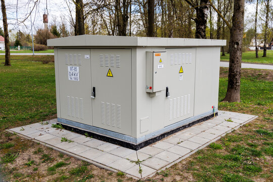 Outdoor electrical transformer substation enclosure in park
