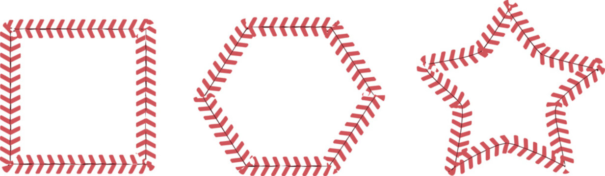 Decorative baseball stitch frames, square hexagon and star borders vector illustration collection for sports design