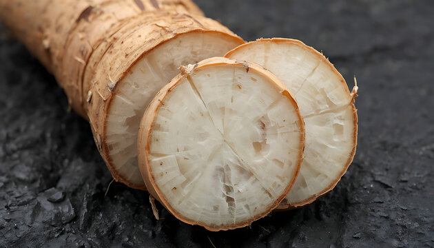Close-up studio shot of a freshly harvested burdock root, showing both the whole root and several cross-sections with its distinct fibrous texture, presented on a dark, rugged surface