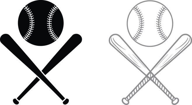 Crossed baseball bats and ball icons, classic sports emblems vector illustration collection for athletic design