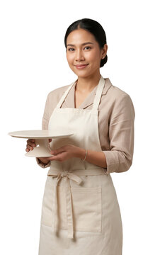 Smiling young Asian woman in apron holding an empty cake stand isolated on transparent background