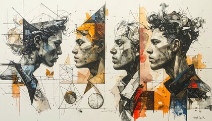 Fototapeta premium A collage of four human profiles with abstract shapes and colors