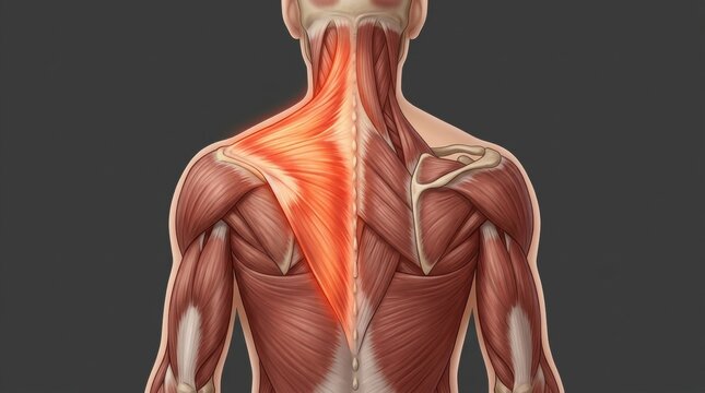 Detailed illustration of the human trapezius muscle highlighted in red