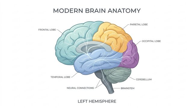 Detailed illustration of the left hemisphere of the human brain with labeled parts