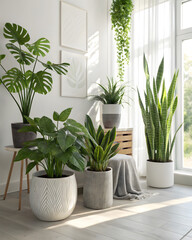 Fototapeta premium Collection of vibrant green indoor plants in modern decorative pots on bright windowsill