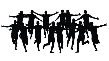 Obraz premium Large group of diverse soccer players in silhouette, celebrating a collective victory with arms outstretched.