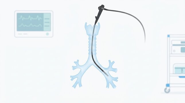 Bronchoscopy procedure visualized with medical equipment and respiratory system diagram