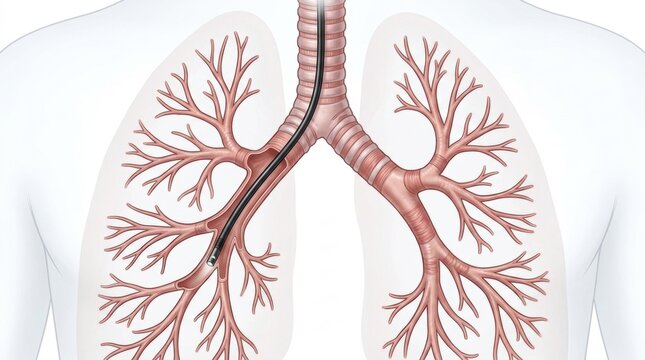 Bronchoscope inserted into the human respiratory system for examination