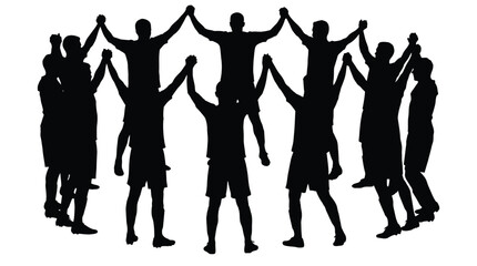 Fototapeta premium Soccer team in a huddle holding hands, celebrating victory, silhouette vector illustration of unity and triumph.