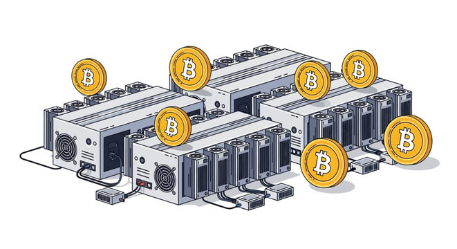 Illustration of Bitcoin Mining Farm with Cryptocurrency Coins